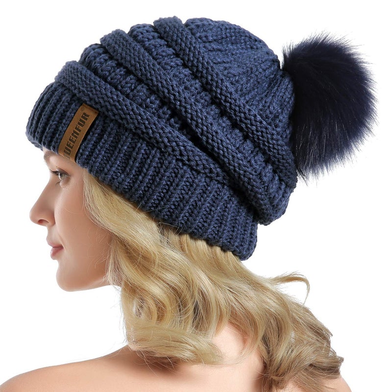 QUEENFUR Women Knit Slouchy Beanie Chunky Baggy Hat with Faux Fur Pompom Winter Soft Warm Ski Cap - Image 1